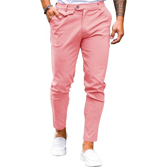 🆕 Men Pink Slim Fit Pants Flat Front Stretch Skinny Tapered Casual Trousers - Picture 1 of 6